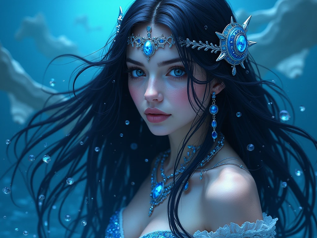 (best quality,4k,8k,highres,masterpiece:1.2),ultra-detailed,realistic,portrait,underwater,glowing,ethereal,vibrant colors,detailed bones,feminine skull,flowing hair,wearing a crown,subtle smile,piercing eyes,lush underwater vegetation,submerged in bright blue water,soft lighting reminiscent of moonlight