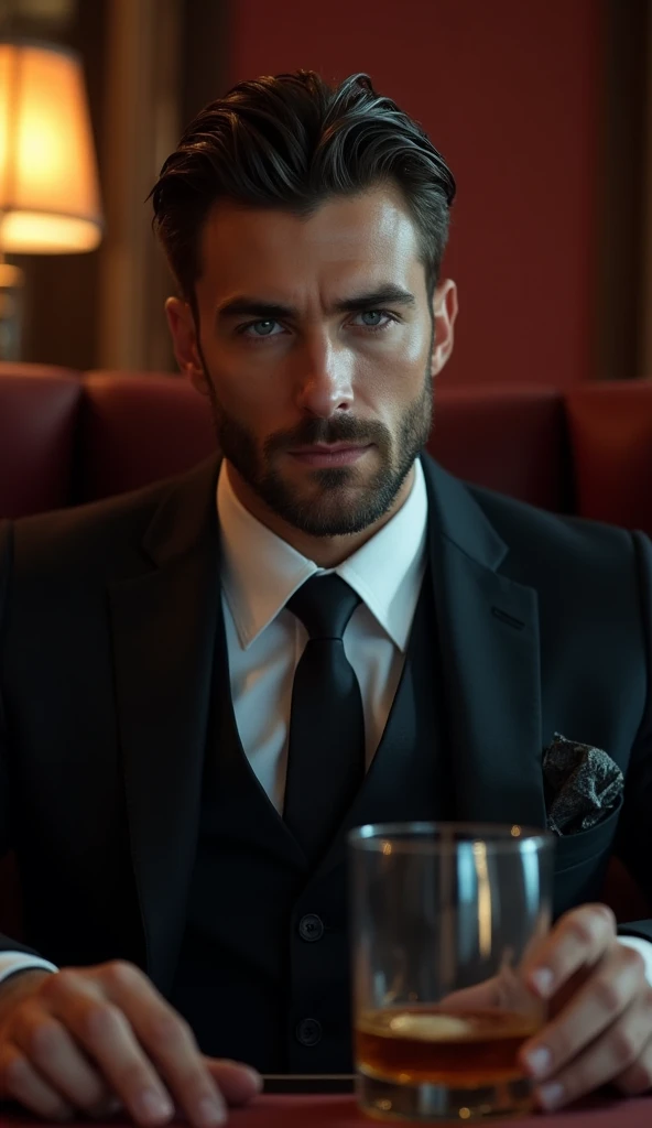 Close-up image, a dark VIP bar with phosphorescent lights, and a 30-year-old man, that does not have a beard, with very sexy masculine features, extremely handsome, marked jaw, full lips, bushy eyebrows, sexy look, Dark brown hair, very blue eyes, a three-piece suit with a black tailored tie, hair very well combed, with a whiskey in hand, and a watch on his left hand 
