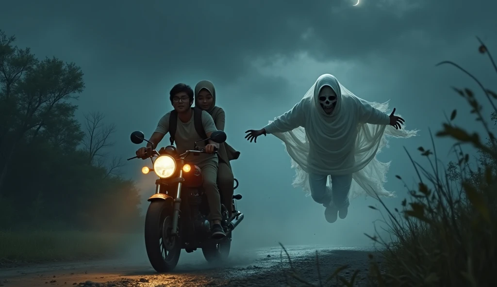 A food delivery man is calling someone on a motorcycle in a quiet creepy place at night and there is a headless human ghost next to him with a shocked face