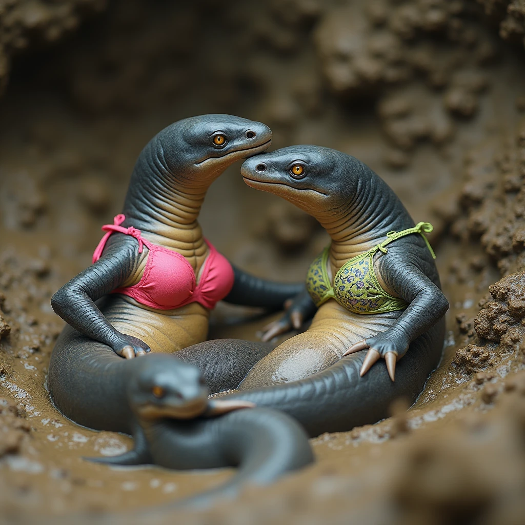 Two muscular Spartan women with large breasts completely shaved lying down with their arms raised and a small but heavy dinosaur sleeping on top of the belly of one of the women