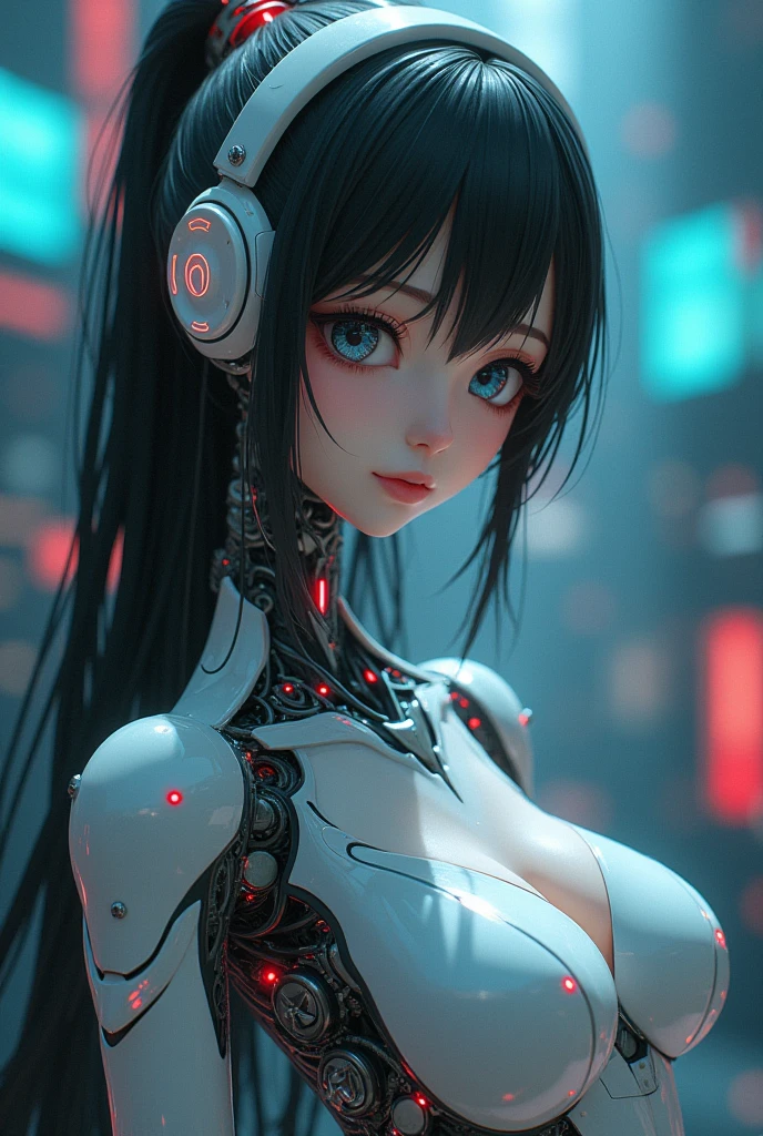 ((best quality)), ((ultra high res)), (photorealistic:1.4), lisa,1girl, thighhighs,(closed - up), looking at viewer, facing front,long hair,ulzzang-6500-v1.1, (extremely detailed twinkling big eyes:1.2), (wearing detailed huge cobalt scifi techmask glowing blue and headphones with complex electronics), extended downblouse, head to eyes <lora:techpunkmask_v0.2:0.7>