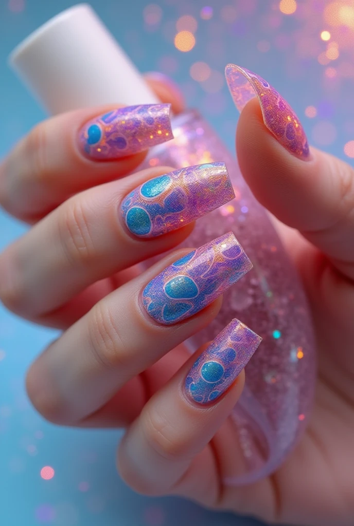 Create an oval nail design with mermaid inspiration and/or things from the sea with purple colors, blue and pink