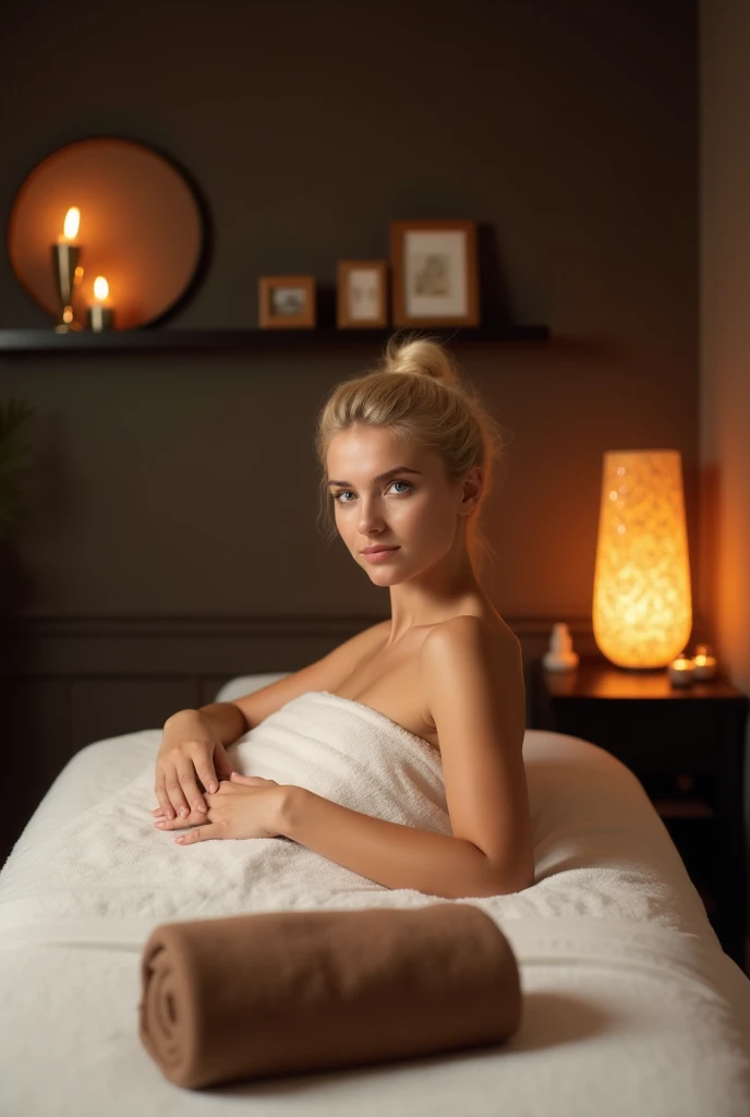 1 female, Western, masseuse, (25yo), captivating blue eyes, smoky eye makeup, long wavy blonde hair, bright smile, white uniform, professional spa outfit, hands skillfully massaging, focused gaze on the task, spa setting, essential oils, bamboo and heated stones decor, relaxing ambiance, close-up shot of hands working on shoulders, serene indoor spa environment, soft ambient lighting, high-quality, natural materials, wooden massage table, tranquil, wide-angle shot showing the peaceful spa room, calming water sounds, gentle sunlight through window, realistic, soothing atmosphere