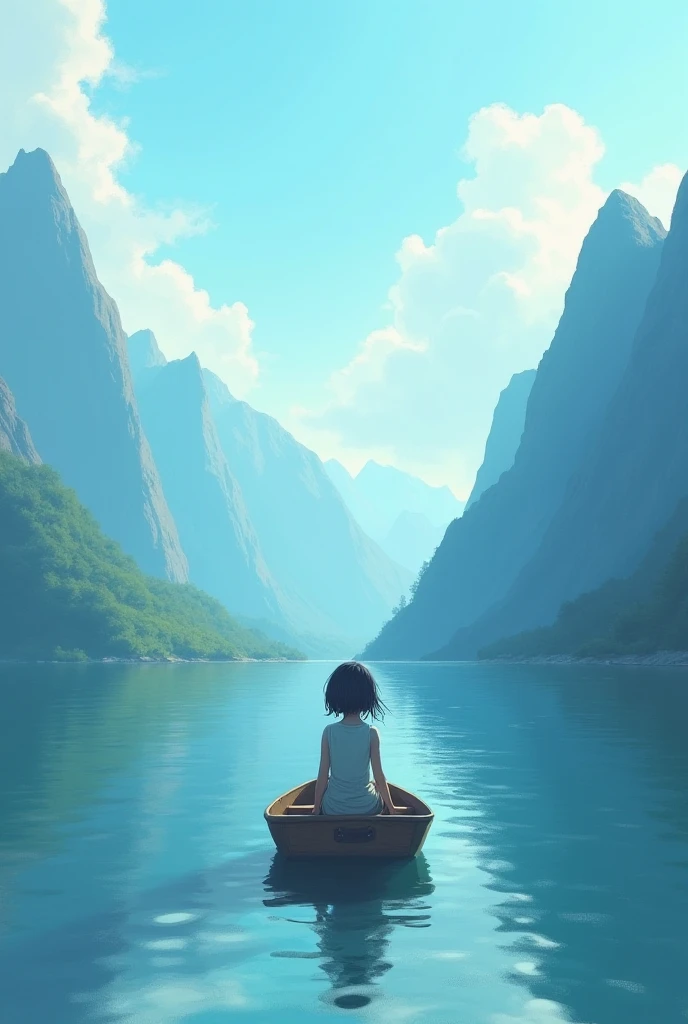 Draw a picture of a young Asian girl, 30 years old meditating in the left corner of the photo, around mountains and rivers. Photorealistic photos, High definition, Close, turn your back to the camera