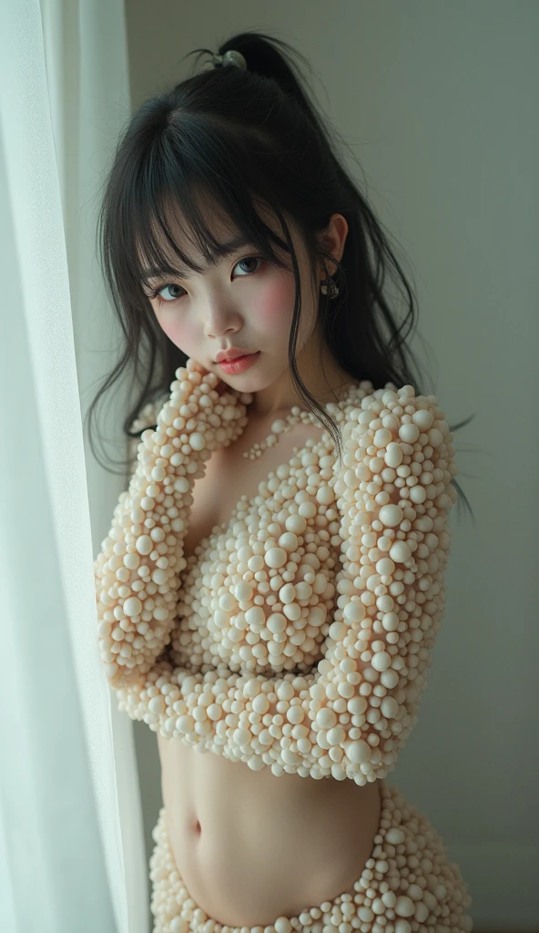 One girl,(background: garden:2),View your viewers,photoRealistic,Realistic,alone,In a bathtub with bubbles,in garden,petal,Flowers,