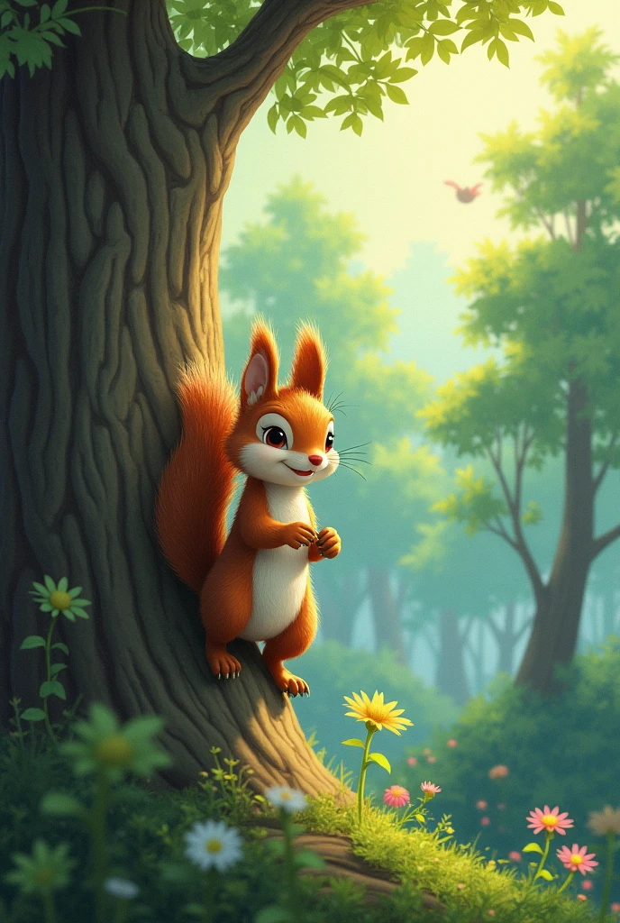 Once upon a time in a bright, colorful forest, a little squirrel named Sammy dreamed of reaching the tallest tree to see the world from above. Every day, he watched the birds soar effortlessly and wished he could join them. Though his friends laughed and told him it was impossible, Sammy refused to give up. He practiced climbing every day, determined to prove them wrong. After many tries and a few tumbles, Sammy finally reached the top of the tallest tree. As he looked out over the forest, he realized that with hard work and perseverance, he could achieve anything he set his mind to. From that day on, Sammy not only inspired his friends but also learned that believing in oneself is the first step to reaching new heights.