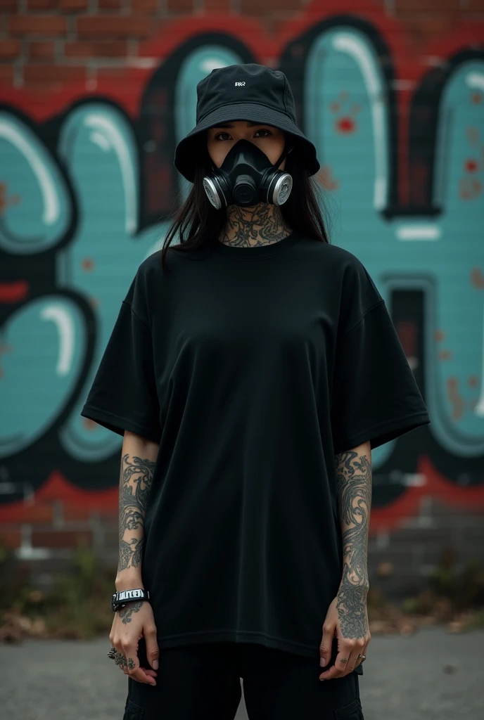 Asian female model with (slim and slightly petite body type), wearing a (dark black oversized t-shirt:1.5 with an excessively loose cut and absolutely no graphics, logos or designs at all:1.5), paired with (Calvin Apparel in Klein), and (black bucket hat), standing in front of (a brick wall covered with a graffiti mural reading "indiekhot", wearing (an industrial respiratory mask with the front protruding), shot  in (low angle perspective), in a ( dark and gloomy atmosphere with minimal ambient light and deep shadows), with (bright camera flash creates strong contrast and highlights), emphasizing a bold, edgy streetwear feel, thick cotton material, with (extensive bold tattoos covering arms, neck and back top), and (the  area is not emphasized to maximize the loose effect of the shirt)