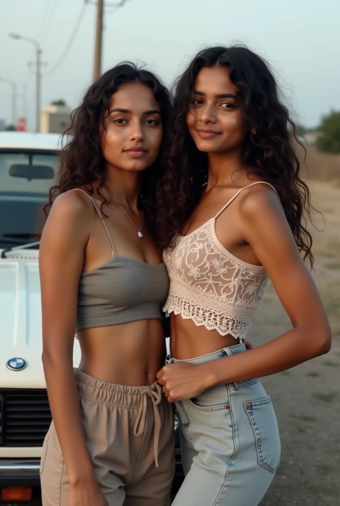 two Tamil girls, 20 year old, standing at a distance, in a private beach, off shoulder short dress, (((round deep navel, midriff, cleavage, fluffy thighs, slender legs))), high heels, slight smile, (intricate detailing of face, anatomy), perfect 5 fingers, (((eyes symmetry, face symmetry))), maximize objects in the background, HDR, hyper realistic