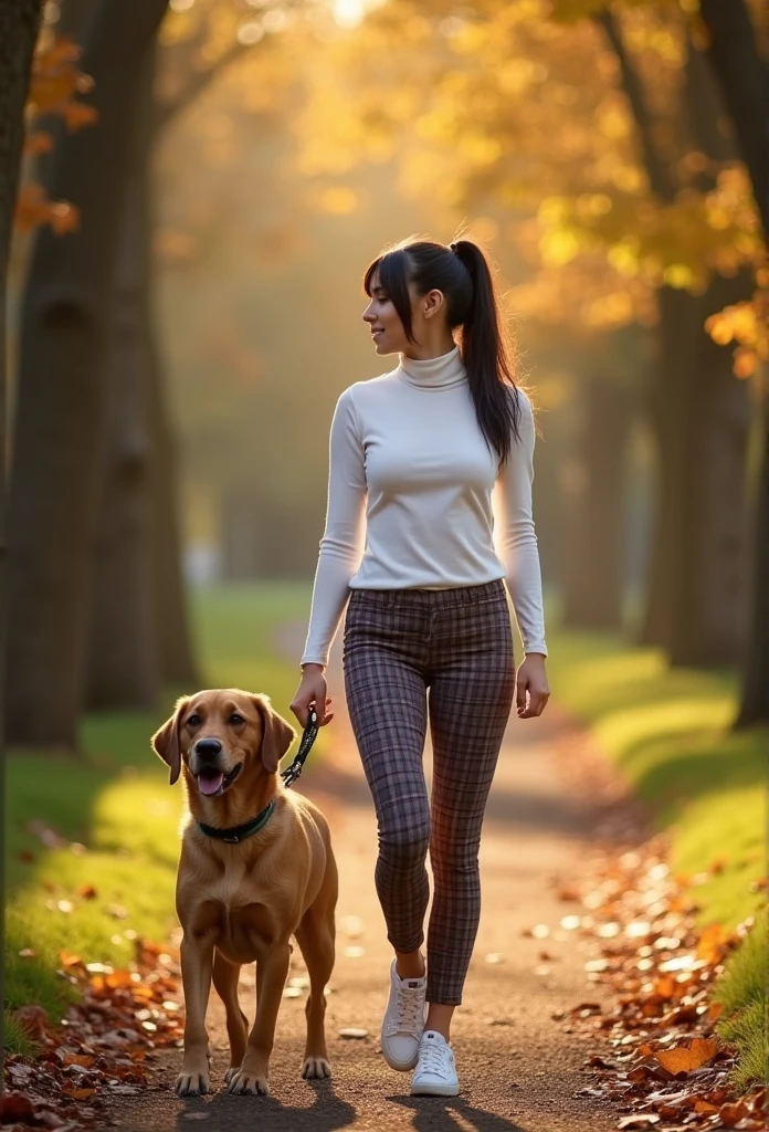 
Photorealism, sunbeams through the autumn trees and onto your skin, Hyde Park, London.  Walking with a Labrador Retriever, 2 legs, medium shot from below, a 24yrs old girl supermodel, hourglass body shape, [Luna Blayse Boyd:0.4, Cassie Ventura: 0.4, Zendaya:0.4], [d-cup size], [2-4 size], (((medium breasts, small waist, medium hips))), hyperrealistic short black high ponytail, hyperrealistic long and sensual frayed bangs over the eyes, white fit turtleneck sweater, plaid yoga pants, sneakers, beaten earth path, happy moment on camera, raw, iPhone16, f/2.0 USM lens, ISO 100, 1/200, hyperrealistic short black high ponytail, hyperrealistic long and sensual frayed bangs over the eyes, [d-cup size], 