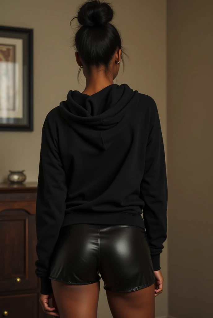 black woman hair in a bun black hoodie black leather short shorts being fucked in the ass by a old grandma in a dress