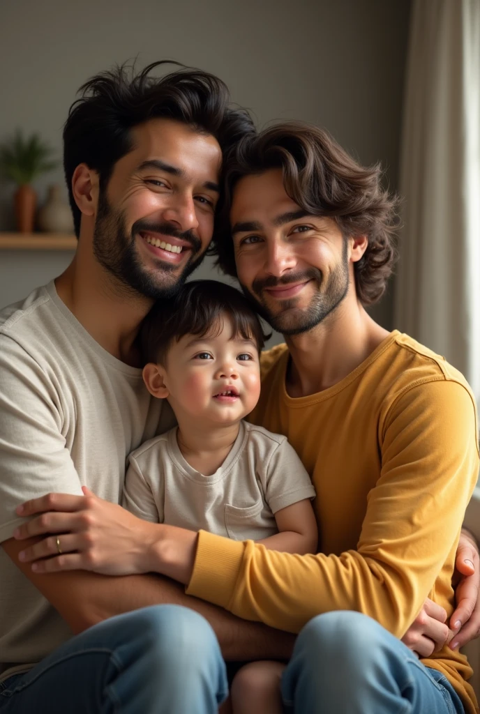 Father wearing a big, apparent button-down shirt cuddled with his