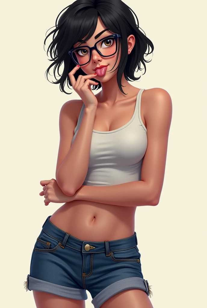 Fille en jean serrer jambes écartées sexy avec de belles formes de face cheveux noirs coupe carré avec des lunettes grosse poitrine sexy hentai