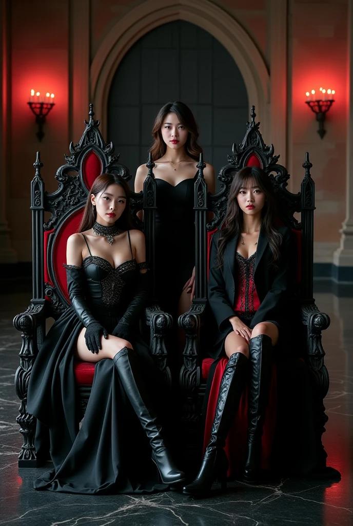 concept art of grimm fairy tales, young attractive girl wearing a red overcoat with red hood, black hair, scarlet eyes, red lipstick, sitting on a black victorian age throne adorned in gold, accompanied by two black wolves, one on his left and one on his right