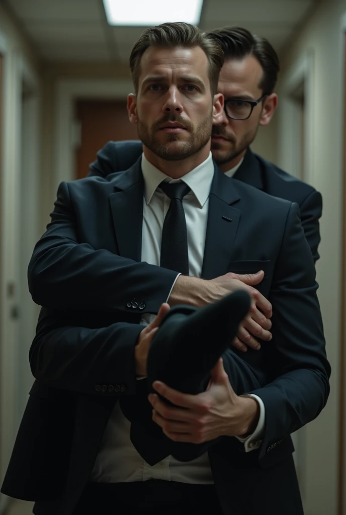 ATTENTION: (((*TWO MALES HANDSOME MAN TOGETHER*))) IN HIGH REALISTIC RAW IMAGE. Man A 41, exceptionally handsome man with light-colored eyes and short, thinning hair. He is (((dressed a pants, formal shoes, and an open, *extremely shiny black leather puffer jacket* that reveals his hairy chest and slightly prominent belly))). He is (((positioned on all fours))), with his head slightly raised as his necktie is being pulled by the domineering handsome man B. His is (((expressing deep humiliation and forced submission by the bad Man B, 32))), man with short hair, light skin, and a robust natural and hairy chest with a slightly prominent belly. He is (((wearing sports pants and sneakers, with no shirt, exposing his upper body))). Standing next to humiliating Man A, he grips the colar animal with a smug, dominant expression, (((pulling it to lift Man A’s head toward the camera))).
 ATTENTION: extremely ultra mega high ACCURATE IMAGE. High resolution, Best quality, High details, HD model, Anatomically correct, Accurate. ATTENTION: (((*TWO MALES HANDSOME MAN TOGETHER*))). Man B is treating and humiliating the Man A like an animal with violence.