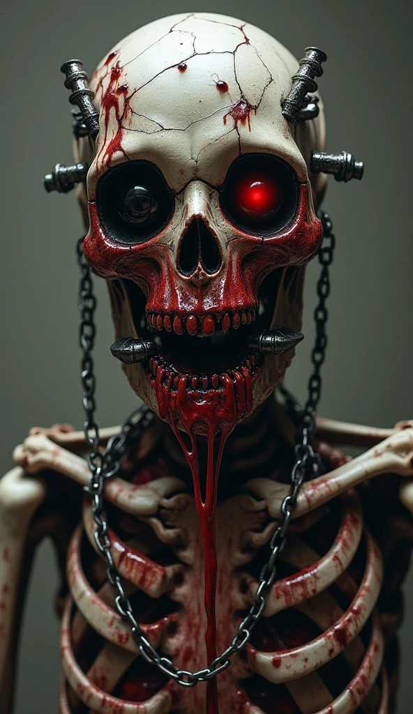 Raddy's mutilated form is dominated by his exposed skeletal features, drenched in fresh, flowing blood. His cybernetic modifications failed to stabilize, leaving jagged metal shards protruding from his skull. His large, darkened eyes are lifeless, while one faintly glows red, symbolizing his lingering agony. The chains pierce his body, binding him to an eternal, horrific state of torment. Generate without blood