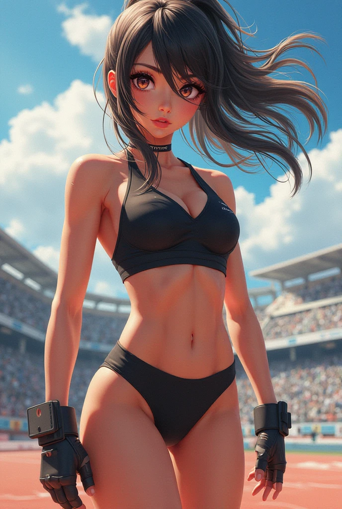 ((front-view)), ((Full body)), 1 beautiful girl, 16 years old, ((Jogging)) at a beach, (Athletics Costumes, Buruma, Running:1.5), higly detailed face, Long black hair, Long hair in a ponytail, bangs, eyeglasses, Naughty smile, slim waist, small breast, Sweat, body dripping wet, ((anime)), ultra highres, Unity 8k壁纸, ultra-detail, beautiful and beautiful, master-piece, bestquality