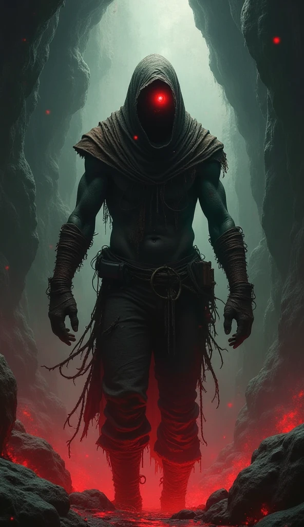 A person, inspired by Nicola Samori's award-winning digital art on Zbrush Central, crawls through a dark and mysterious cave. The cave's walls are adorned with intricate mummified bandages, hinting at a still from a future music video set in the year 2030. The person's body is covered in a red anthropomorphic suit, each piece dripping with volumetric paint, creating a striking red-and-white color scheme. Rune-like symbols cover their skin, still glowing faintly in the foggy, ethereal atmosphere.
In the distance, the torn clothes of Geddes' epic fantasy era avatar pictures can