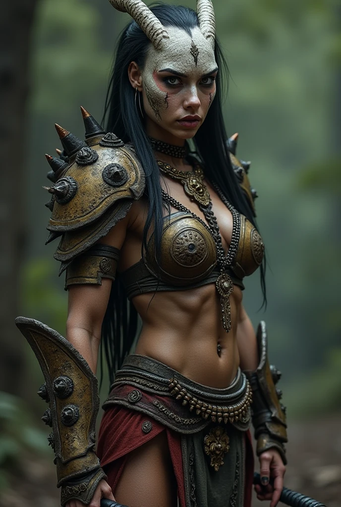 Undead zombie girl, 14th-century warrior infected by a zombie strand of the Black Death, skin rotting away, bare bones of arms and legs visible, extremely sexy face and long dark grey hair, huge breasts and thicc butt, rusted decaying armor with many holes, tight rusty chains around her wrists and ankles, holding a rusted decaying sword, undead zombie goddess of death, in a dead forest in the underworld, supernatural spirit, standing before her throne of wrought iron and skulls, powerful and sexy standing pose, goddess’s throne room in underworld forest, dead trees and heavy fog, very intricate and detailed background scene, highly detailed, goddess, powerful, sexy, real, hyper detailed fantasy art of a mythical goddess, close-up photo of her, incredible facial detail
