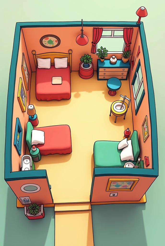 Generate two rooms with large sized L-shaped bedroom, a rectangular shaped room for toilet and bathroom all made in a cartoon design viewing for upward elevation