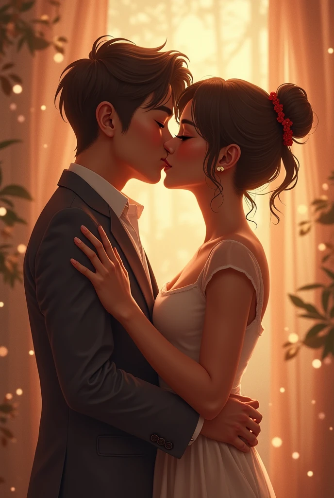 couple bald man with thin beard 4 and black haired woman 30 years old kissing Disney Pixar style, high qualiy, best qualityer
