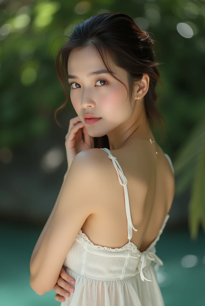 masterpiece, best quality, alone, 1 girl, glowing skin, hoop earrings, charming, Whimsical details, smooth hair, enchanting, bare shoulders, crop top, Pants, See deeply, Compared, professional model, front, portrait