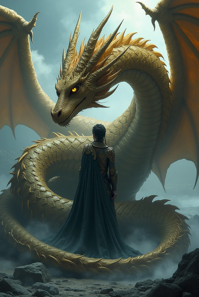 a small man standing in front of a giant dragon,
which flies out of a huge Gothic arch, a dragon inside a cave, a dragon flies out of a cave,
((the dragon looks at the man)), Frontal Angle of dragon, (closeup portrait of a dragon),
the dragon's tail bends around a man,
a man in armour plated with gold, dragon scales partially covered with gold, golden cave walls, (gold dragon),
light like in Rembrandt paintings, IMAX quality, 8k, shot on IMAX 100mm, detailed, perfect, (composition of the paintings Beksinski),
(dragon spirit), dragon portrait, epic dragon, dragon in the background, classic dragon, exotic dragon, undead dragon, golden dragon, detailed dragon, god of dragons, dragon face, dragon with scars, dragon head, majestic gothic dragon,
two wings