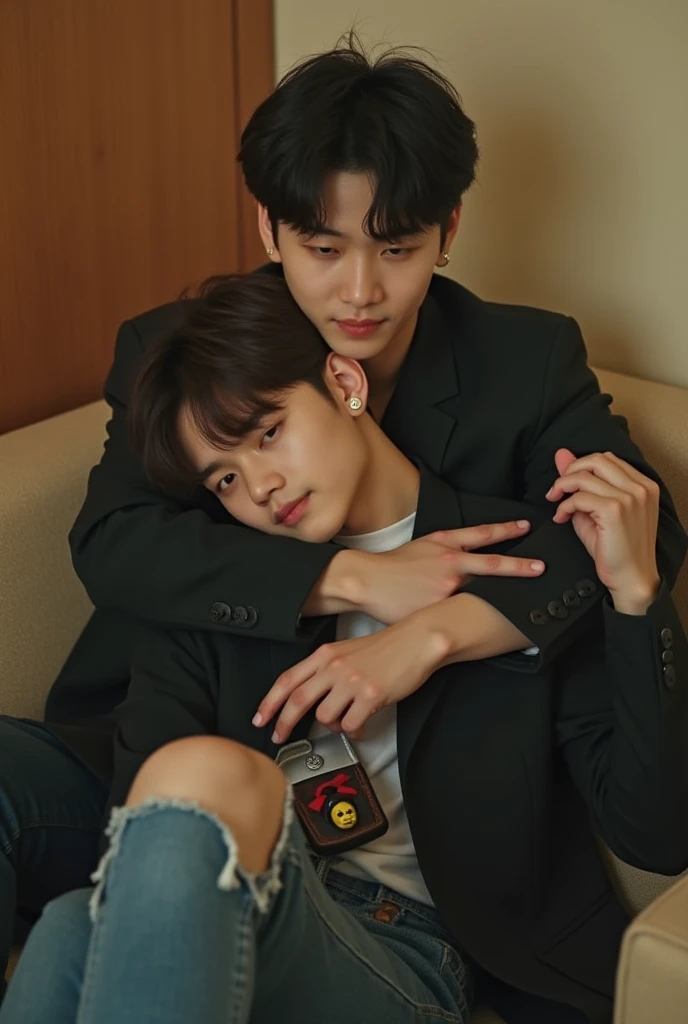 masterpiece, best quality, 2boy, angry, short hair, beige shirt, black pants, Black shoe, Posing, realistic, male focus, brow hair, black eyes, Full body, lips, studio