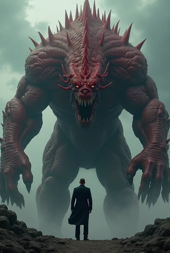 Create an epic scene in which Máxima Shisemelle, the underworld lawyer is facing Sergio, O Gorgota. Máxima has dark blonde hair, wears a dark blue lawyer&#39;s suit and holds a dagger in his left hand, he is turned with his back to the image. Sergio is a colossal monster, full of huge cavities all over its body, that suck the enemy into themselves. The image must be in medium shot, showing Maxima&#39;s body only from the waist up and showing Sergio completely, to emphasize its colossal size