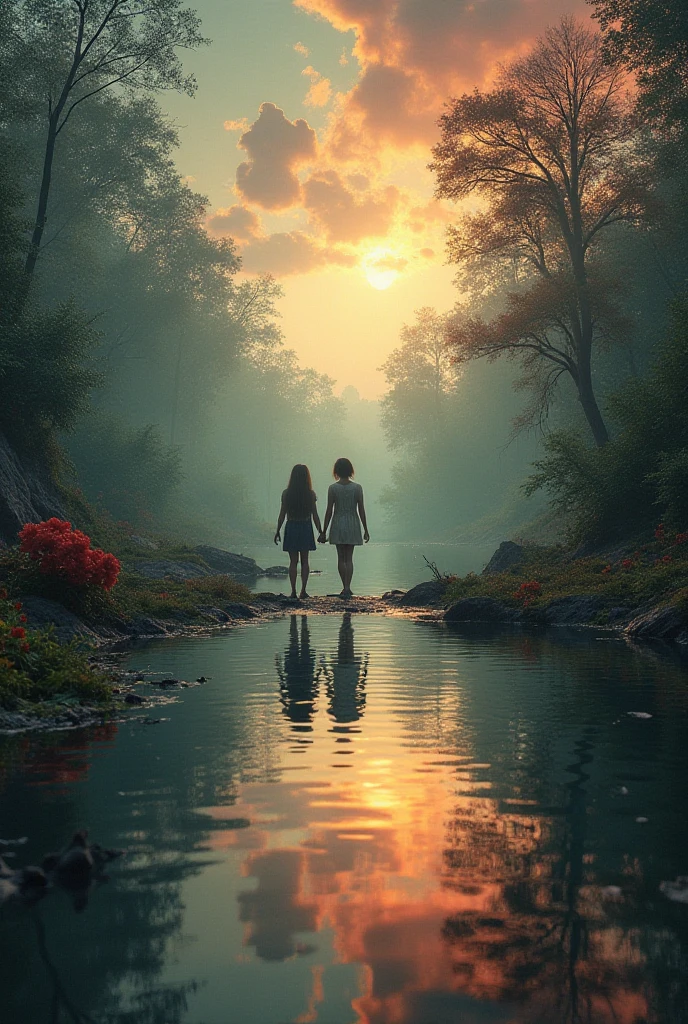 (Best quality),(masterpiece),(ultra detailed),(high detailed),(extremely detailed)"Twilight Serenade" Subject: An enchanting anime scenery featuring a serene twilight setting in a mystical forest Camera Equipment: - Camera: Mirrorless camera with exceptional low-light performance - Lens: Prime lens (e.g., 35mm) for capturing detailed scenery and characters - Tripod: Sturdy tripod for stability during long exposures Settings: - Aperture: f/2.8 for shallow depth of field and soft bokeh - Shutter Speed: 1/15 seconds for capturing the gentle motion and preserving details - ISO: 400 for balancing image brightness and noise control in low-light conditions Lighting: - Soft, diffused twilight lighting with a hint of warm hues - Subtle illumination from the moon and stars, casting a gentle glow on the scene - Specks of magical light, reminiscent of fireflies, dancing around the forest Composition: - Perspective: Eye-level or slightly elevated view to immerse the viewer in the scene - Focal Point: A clearing in the forest with a picturesque backdrop - Framing: Overhanging tree branches and foliage framing the scene Color Palette: - Muted and atmospheric colors with a blend of cool and warm tones - Hints of purples, blues, and pinks to capture the twilight ambiance - Soft greens and earthy tones for the forest elements Mood: - Tranquil and peaceful atmosphere, evoking a sense of calm and introspection - A touch of mystery and wonder, as if entering a hidden realm - Melancholic yet serene, conveying a bittersweet beauty Style: - Anime-inspired with intricate character designs and expressive facial features - Emphasis on the natural surroundings, portraying lush vegetation and detailed textures - Soft and painterly aesthetics, enhancing the dreamlike quality of the scene Additional Elements: - Characters: Young couple holding hands, their silhouettes blending with the surroundings - Luminescent flowers or mushrooms scattered across the forest floor, emitting a soft glow - --auto