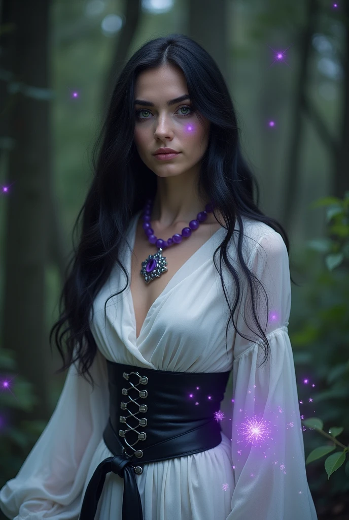 Create a dress that embodies the elegance of a sorceress, with mystical symbols, deep purples, and flowing silhouettes that hint at magical elements in Hatim's world. An American girl wearing that dress.
