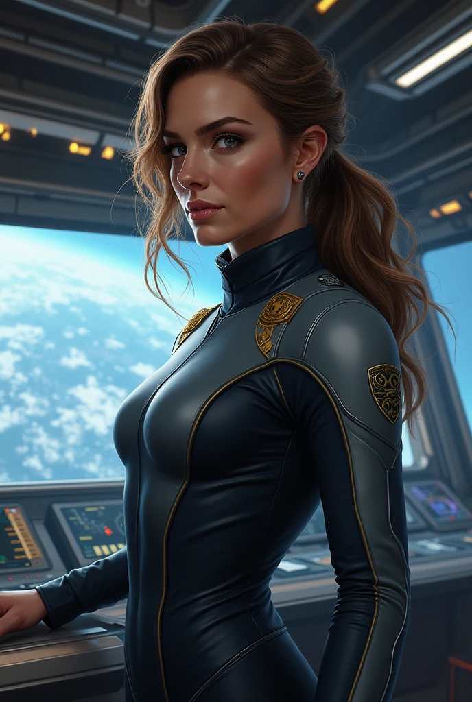 Masterpiece, a beautiful Swedish woman, ((Marilyn Monroe:Ingrid Bergman:0.5)), (scifi bounty hunter), (high cut plunging revealing scifi suit), (medium breasts), (perfect body), (short brown hair), scifi spaceship cockpit background, (skin texture:1.1), best quality, ultra high res, Raw photo, Nikon D850, backlight, rimlight, bright sunlight, film grain:1.2, (warm hue, warm tone:1.2), (color photo), scifi effects, in the style of Boris Vallejo, zero gravity