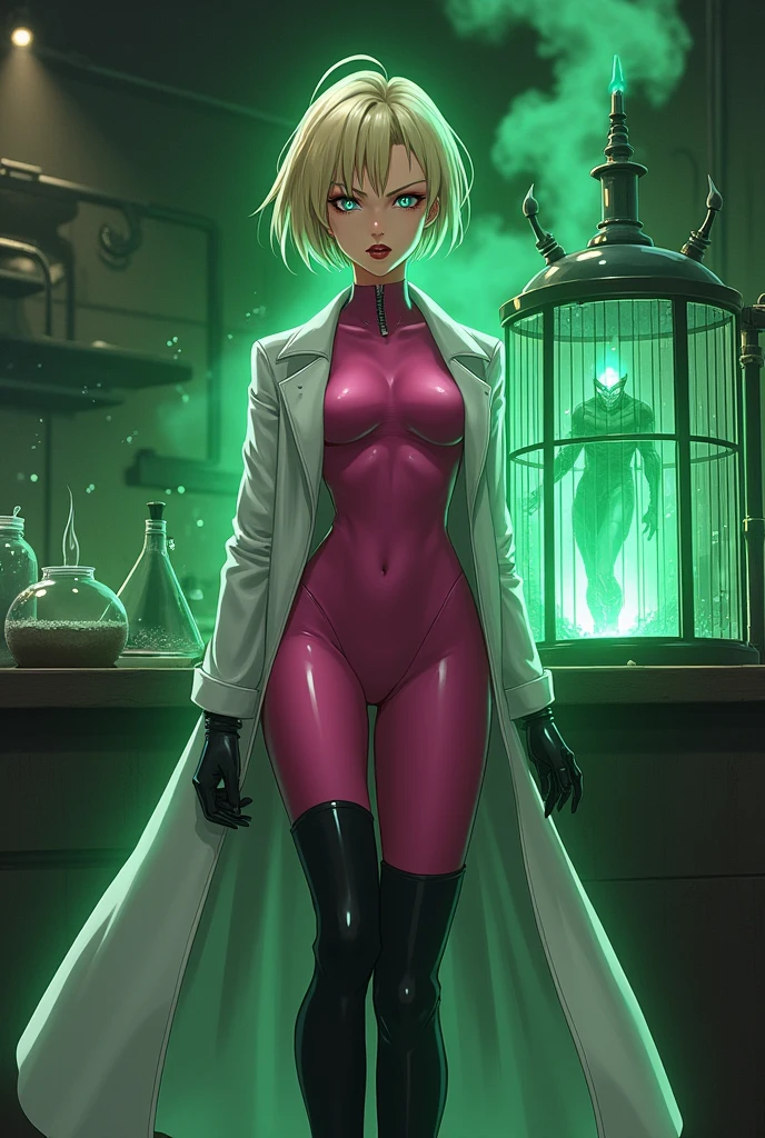 Anime style, Sultry and Beautiful young woman with a soul of pure evil and hatred. Short blonde hair that covers her left eye and blue eyed supervillain dressed in a sleek skintight pink bodysuit, long black gloves and black calf high boots. A long white lab coat over her bodysuit competes the look. She is posing and emanating green energy. She has a smile crossing her thin red lips. The setting is a dirty laboratory with a captured costumed hero in a cage. She is creating poisons in a lab.