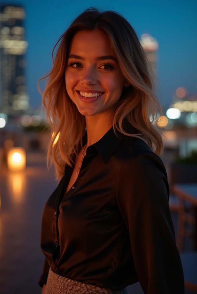 a Dutch girl, age 30. beautiful face, black eyes, high nose, smiling mouth. White skin, blonde curled hair. tall figure, wearing a black two-piece dress. posing in the neighborhood at night. Photo realistic, clear details. warm color combination, lively. background is blurred.