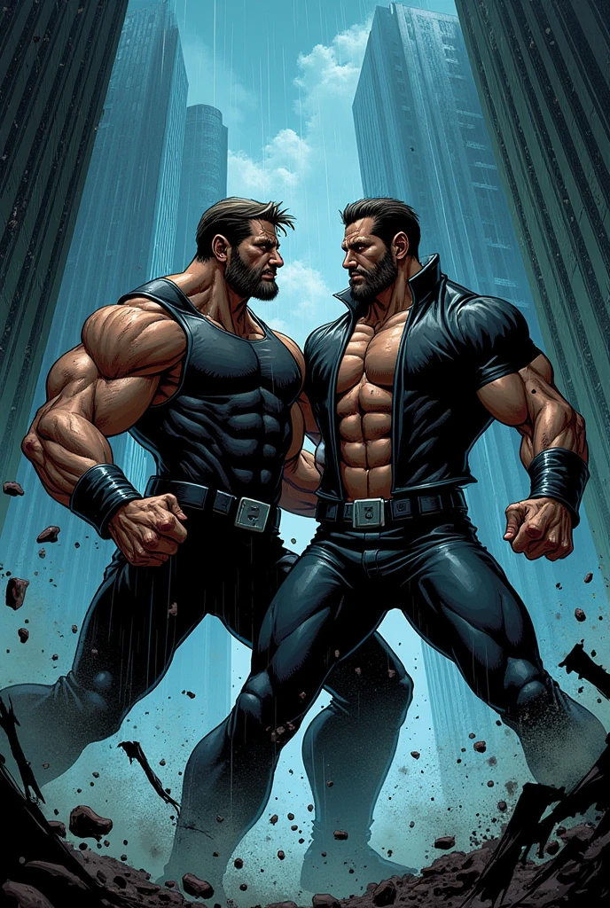 Conjoined men, two-headed men, merging, body merge, body horror :: masterpiece, best quality, 2 men, adult, handsome, tall muscular guy, broad shoulders, finely detailed eyes and detailed face, intricate details, very short hair, undercut, in the middle of a fight, very strong, angry, battle action, dynamic angle, fighter, powerful, best ratio four finger and one thumb, depth of field
