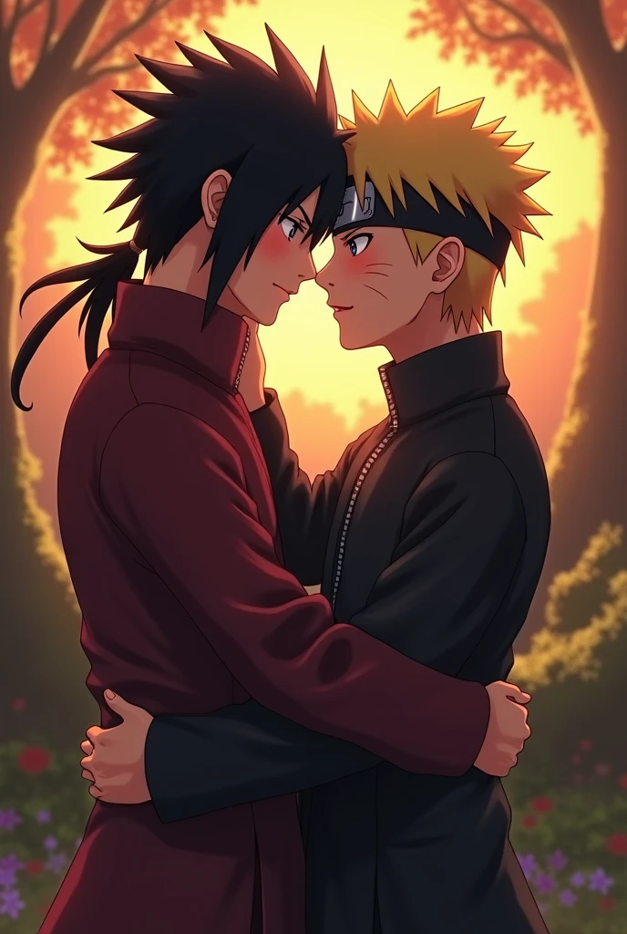 absurdres, highres, ultra detailed, HDR, master piece, best quality, extremely detailed face and eyes, Uchiha Sasuke, expressive red eyes, black hair, Naruto Shippuden, Uzumaki Naruto, blond hair, expressive blue eyes, two men together, gay couple, handsome features, white coat, black tight shirt, clock mechanical moon, fantasy, chains, fireflies, in wonderland