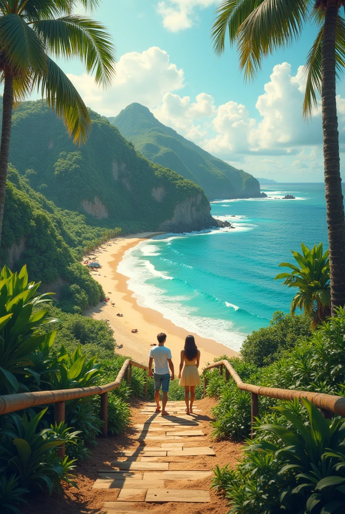 They are taking a selfie on the beach with the ocean in the background, posando em uma praia com o oceano, Tyler Edlin e Natasha Tan, O oceano ao fundo, 🤬 🤮 💕 🎀, em uma praia tropical, vacation photo, oceano ao fundo, dia ensolarado na praia, standing near the beach, com montanhas ao fundo