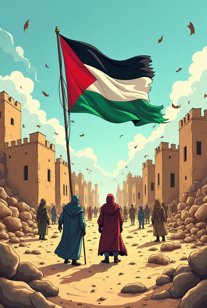Generate image about Palestine oppression and violence against
And show Palestine flag