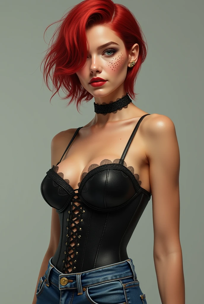 1 girl, short red hair, short pixie cut, dungeon, dark, dimmed light, gothic, corset, 