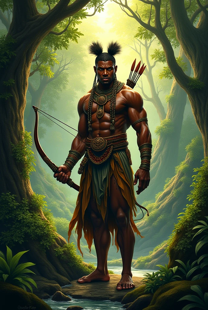 Orisha Oxossi in black and white, shooting the arrow with feathers on the head