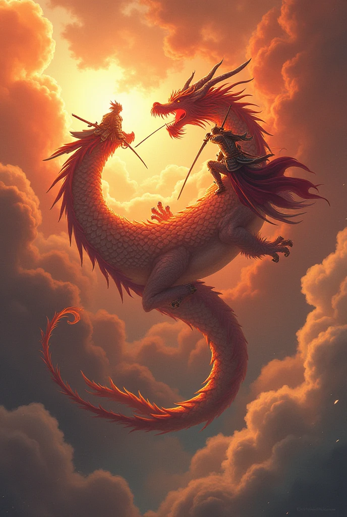 mythp0rt, A front-facing close-up of an Eastern dragon's head flying above the clouds, with a female swordsman standing confidently atop its head, positioned between its two majestic horns. The dragon's face is fierce and noble, with its eyes glowing intensely, reflecting a deep, ancient wisdom. Its scales shimmer in the light, showcasing a rich texture and a vibrant array of colors. Long, flowing whiskers and a flowing mane add to its majestic appearance, trailing behind as it soars through the sky.
The female swordsman is dressed in a flowing white robe that billows dramatically in the wind, emphasizing her ethereal and powerful presence. She stands firmly on the dragon's head, her posture straight and balanced, exuding confidence and strength. She carries a sword on her back, and her eyes are set forward with a look of unyielding determination. Her hair flows behind her, mirroring the movement of the dragon’s mane, creating a harmonious connection between them.
The background is filled with swirling clouds, illuminated by the warm, golden hues of a setting sun, casting a soft, magical light over the entire scene. The cinematic lighting is high-contrast, highlighting the intricate details of the dragon's scales and the delicate fabric of the swordsman’s robe. The colors are highly saturated, enhancing the vividness of the dragon and the dramatic atmosphere. The image is rendered in an ultra-realistic style, capturing every fine detail with high-quality textures and a sense of depth, creating a stunning, mythical scene that feels both real and fantastical.