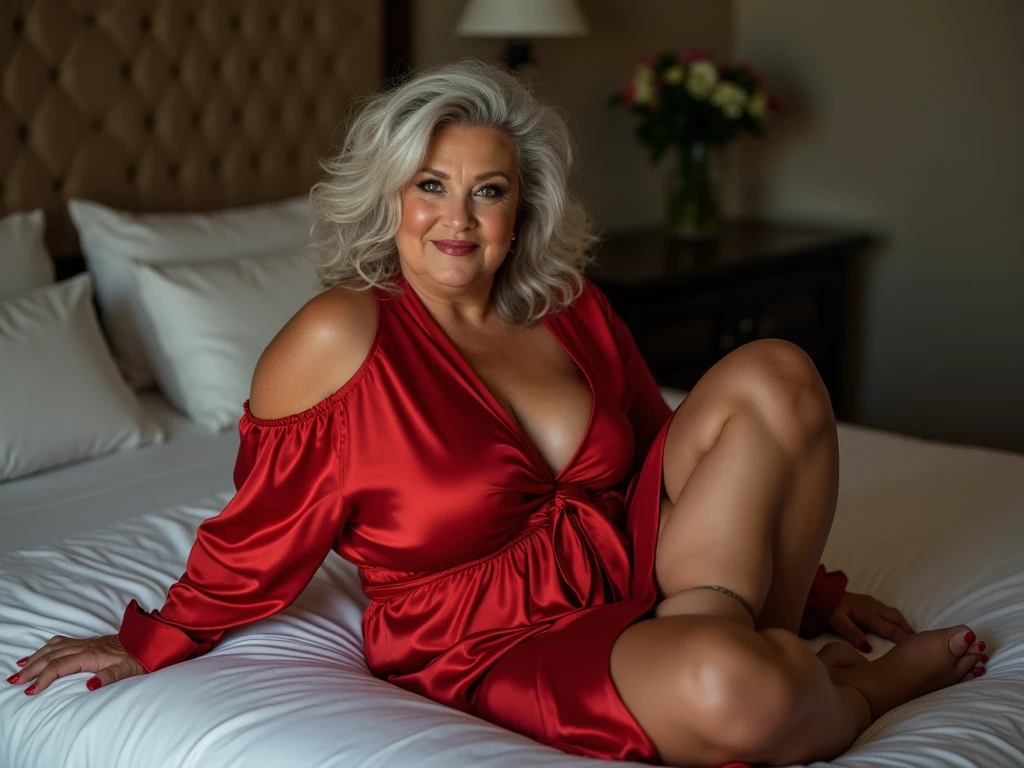 Mature old woman 80 years with silver hair, plus size, old face and body with many wrinkles, smiling, loose skin, standing at bedroom posing for photo, She wearing orange dress with large neckline and lace stockings side view. jaw dropping mature older beauty, old face and body with wrinkles, old face, attractive grandma, a gorgeous old hair, beautiful old grandma, lovely older mature grandma, gorgeous beautiful grandma over 80 years old, beautiful silver hair grandma, beautiful detailed body and face, a beautiful old granny