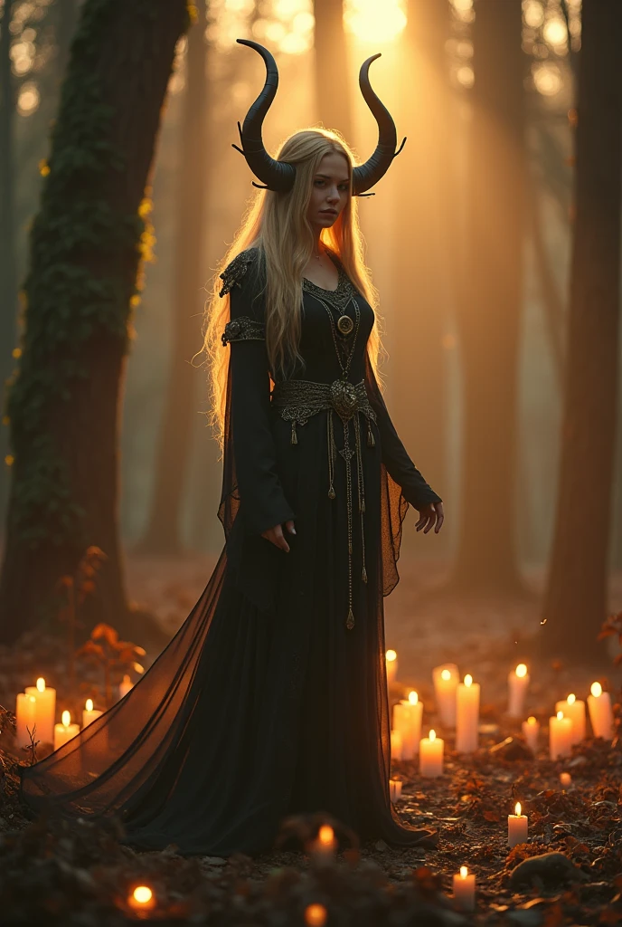 Create a epicrealistic blond long hair sexy woman with horns, dramatic eyeshadows, big claws wearing a black dress suit with decorative bones in a enchanted forest in the middle of the night with full moon
