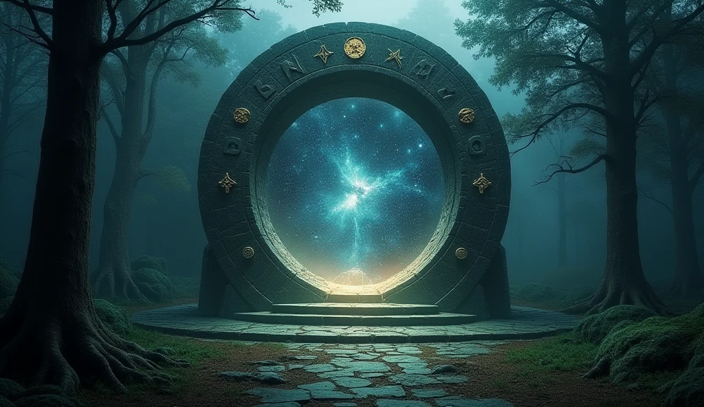 "A glowing, ancient stone portal stands in the middle of a dark - SeaArt AI