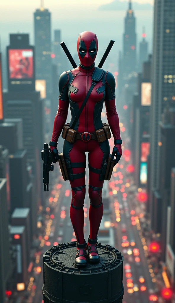 Deadpool, (Marvel comics), Marvel X-Men, sexy girl, powerful, red classic sexy suit, broken suit, Young, skynny body, small and beautiful buttocks, toned abdomen, small and beautiful breasts, nija sword, guns, very sensual, she is fighting in the city, , planes, clouds, New York City on fire, destroyed buildings in the background, Dramatic background, many scared people, alien invasion, sensual look, Beautiful eyes, classic hairstyle,Hair dyed in bright red color, best quality,4k,8k,A high resolution,masterpiece,Ultra detailed,realistic, Photorealistic,photo realistic, ultra realistic, gran definición,