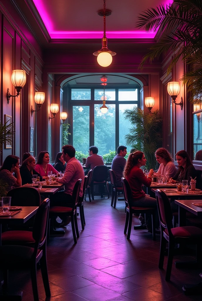 Restaurant in white and blue tones, Photo, comfortable, dark atmosphere, Garlands