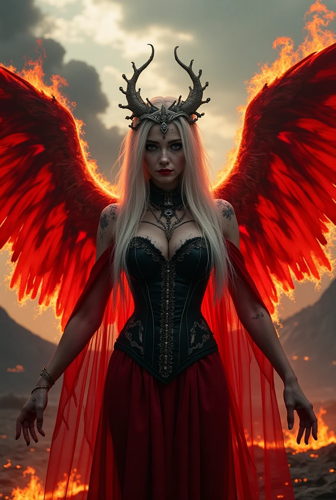 (Highly realistic image), Fantasy scene, Centerpiece, masterpiece, Ultra detailed, High quality, 4k, complex, expert, Center, (volumetric lighting), beautiful, dark masterpiece, (ultra detailed landscape), (sharp landscape), (sharp image), (dark scene), (dark atmosphere). Ultra-detailed Eurasian girl, 21 years old, angel, Fallen angel, Black angel, (2 majestic wings:1.5), (2 folded big wings:1.5), Black feather, (blue eyes:1.3), (long straight blond hair:1.3), (beautiful Big breasts), showing great cleavage, darkness, (charming smile:1.3), (2 black horns:1.3), Evil creature, fire, (red blood moon:1.5), (blue fire, blue flames in the land:1.5), (red lightning in the sky:1.5), (thunderstorm), (waterfalls:1.5), (skull:1.3), Black thorn hair ornament, (red dress:1.5), (short slit bodycon red dress:1.5), (Black Crown Her demon wings on her back and demon horn give her an invincible aura), (standing in waterfalls in the destroyed land). (Naked body). (View viewer), (high angle), (cowboy shot), (upper half of the body:1.3), (sensual dynamic pose:1.3), (perfect slim body), (perfect anatomy), (perfect hand), Nice legs and hot body, more detail, realistic, Masterpiece