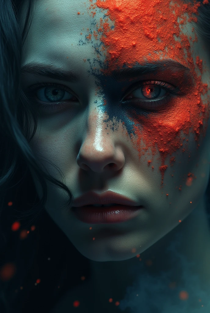 a dark and moody music album cover, a sad and angry woman with a powerful expression, detailed facial features, dramatic lighting, heavy metal, rock music, dark colors, blue and red tones, muted palette, layer of grime and texture, cinematic atmosphere, photorealistic, 8k, high quality, masterpiece