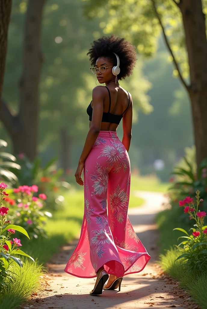 A black italian woman in a park walking backwards, wearing a black bra and pink floral pants, wearing prescription glasses and using headphones, showing off your natural charm and outgoing personality