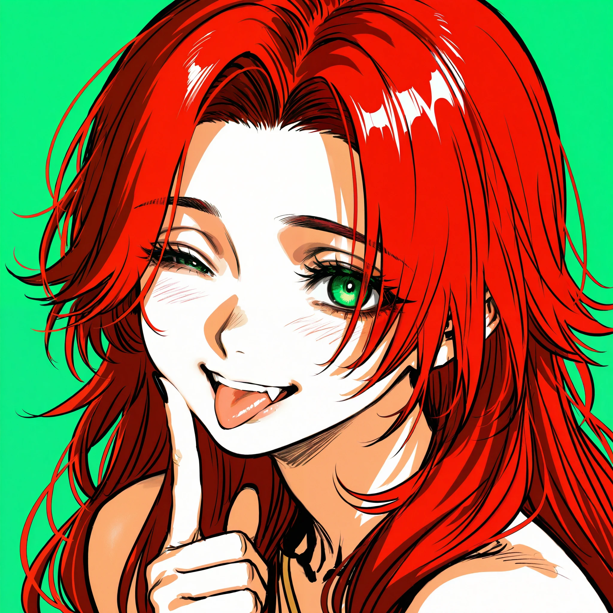 by Hoshi San 3, by Kotteri, (by umikochannart:0.9), limited palette, sketch, 1girl, sophia\(manus vindictae\)\(reverse:1999\), long hair, red hair, green eyes, nudity, sfw, finger to cheek, tongue out, wink, smile, fang, teeth, yandere, black fingernails, portrait, close up, green background, simple background, masterpiece, best quality, amazing quality, very aesthetic, high resolution