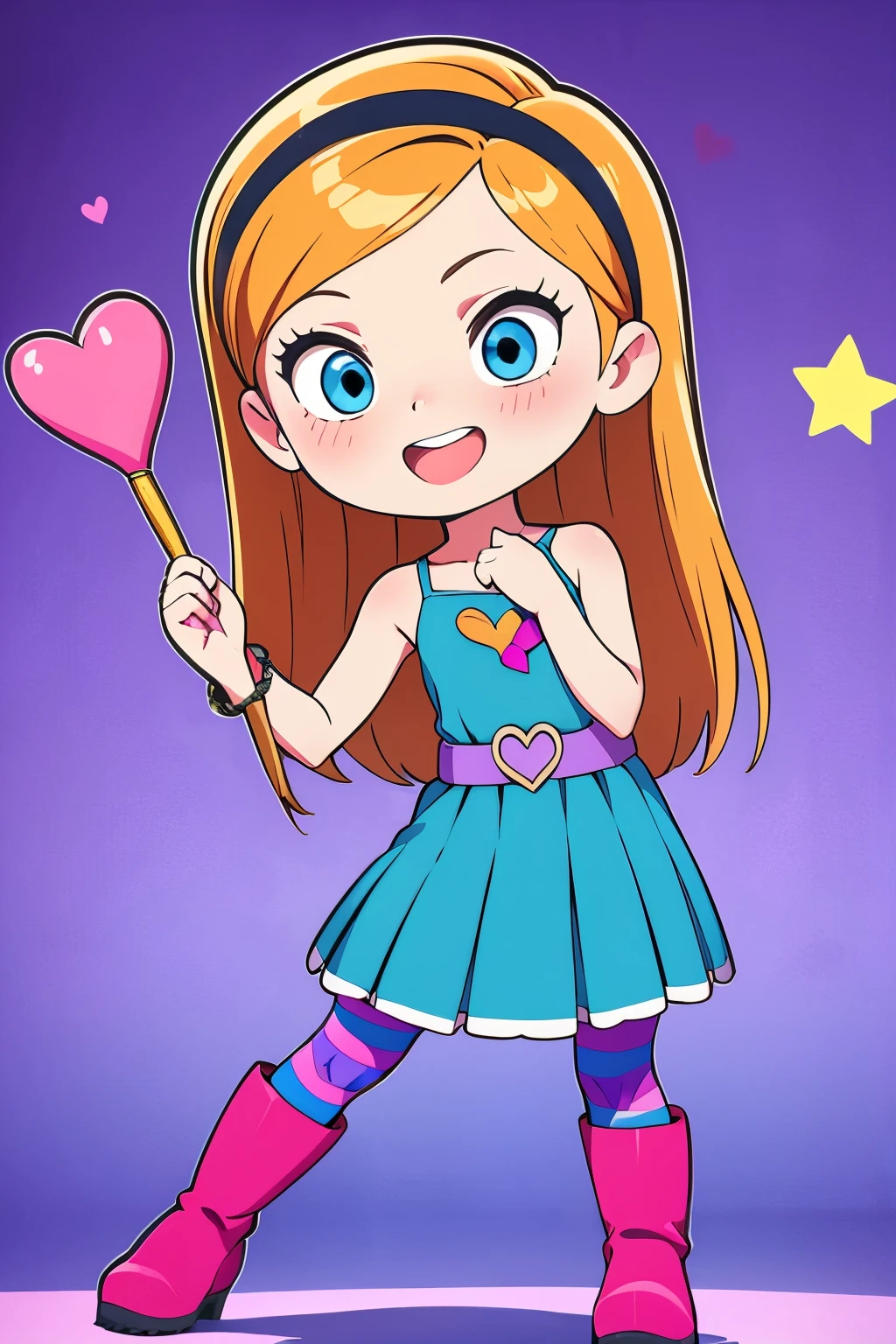 1girl, full body, solo, penny peterson, long hair, blue eyes, 3d, blonde hair, skirt, pleated skirt, hairband, black hairband, dress, teal dress, white trimmings under her skirt, heart shaped lavender belt, blue and pink striped pantyhose, pink boots with star shapes, bracelet, beautiful, cute girl, open mouth, heroic expression, smile. holding the heart wand, standing, spread legs, defending